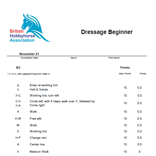 Dressage Score Sheets British Hobbyhorse Association